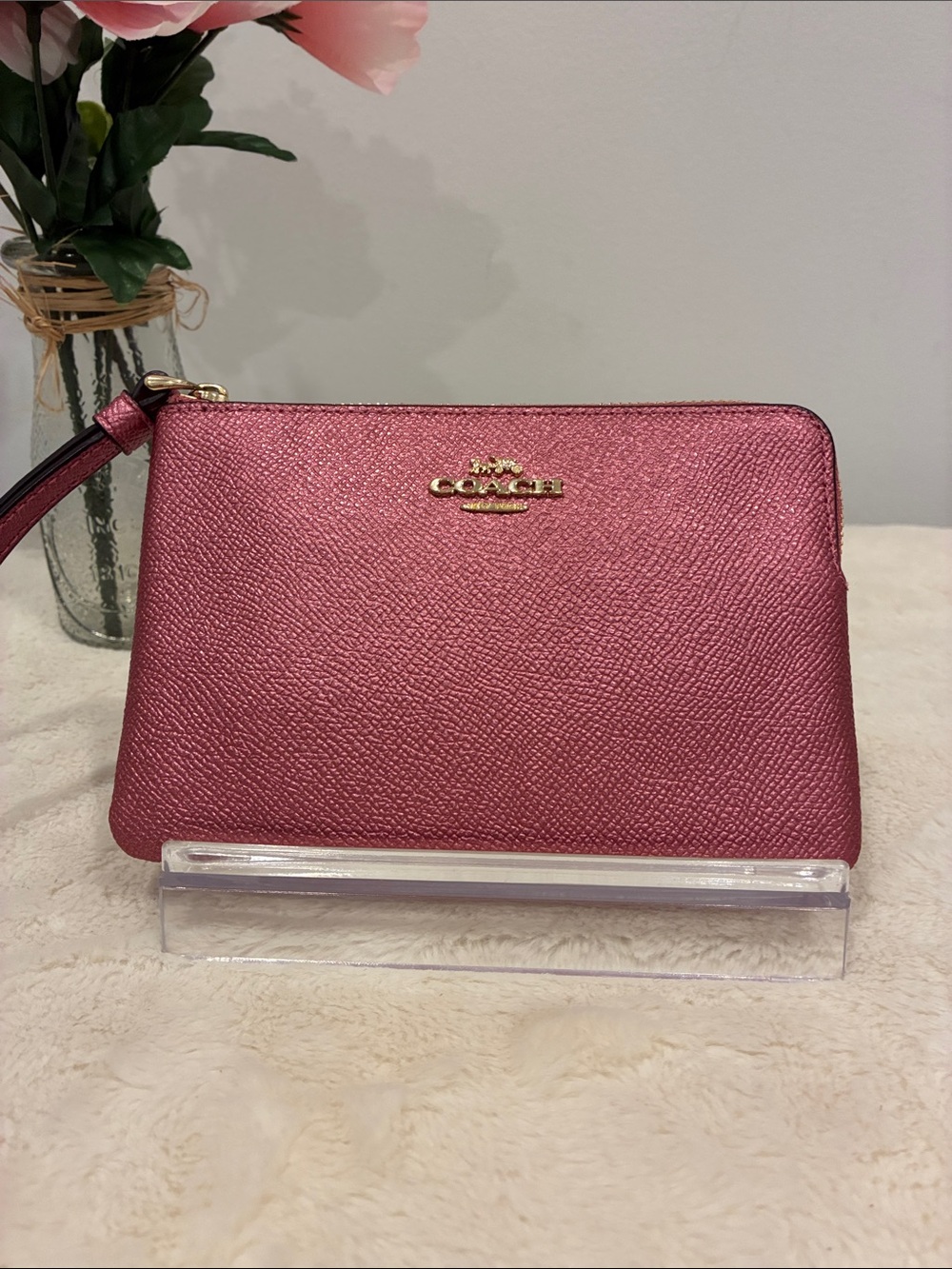 Coach Metallic Rose Pink Leather Wristlet with Gold Logo